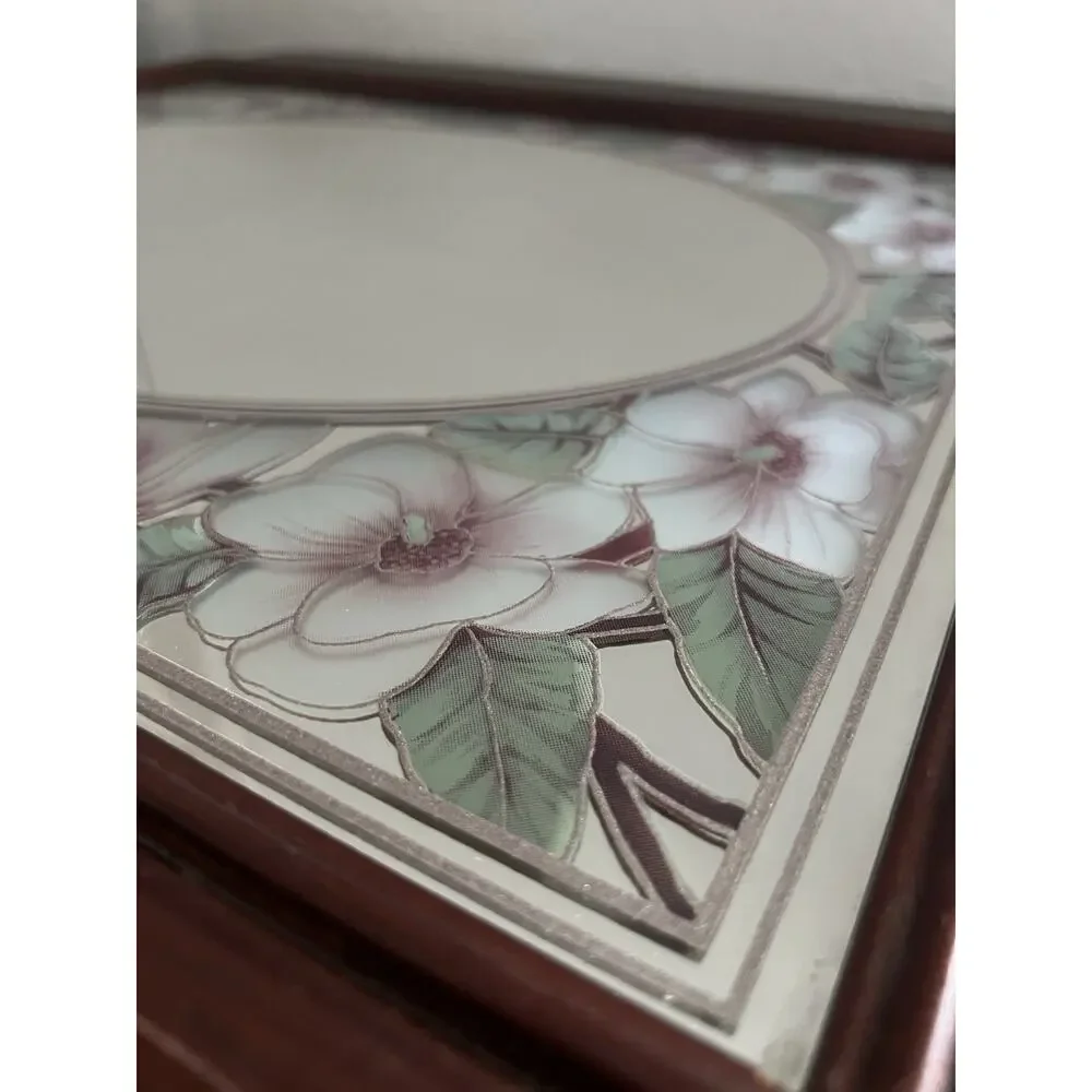Vtg Romantic Etched Floral Flower Magnolia Oval Mirror Wood Frame Granny Retro